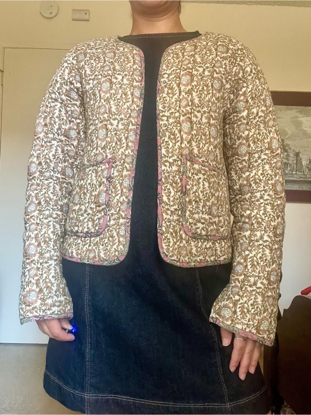 NATURAL LIFE Quilted Floral Bomber Jacket in Beige and Pink Trim
